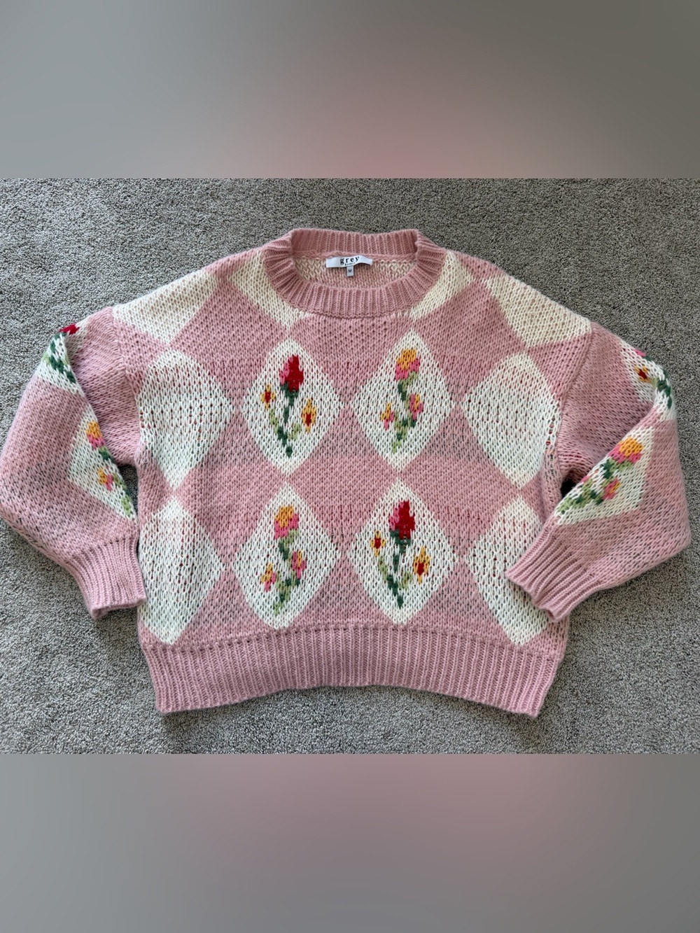 Women’s Cottagecore Pink Floral Argyle Sweater- Size Medium